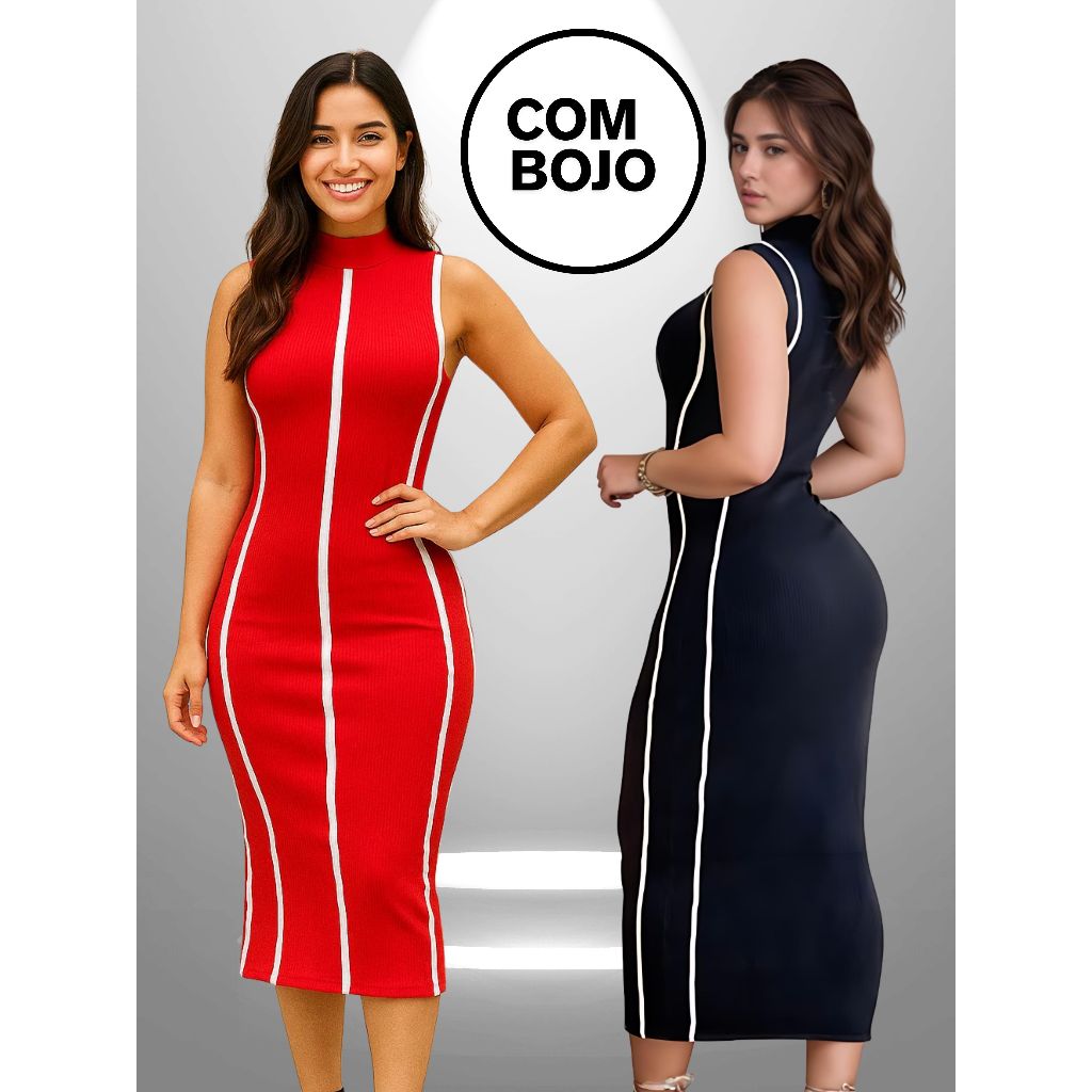 Vestido Midi Feminino Com Bojo Tecido Anaruga Bicolor Gola Alta