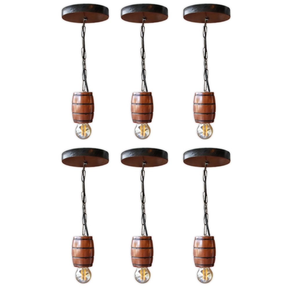 Kit 6 Luminária Pendente Lustre Rústico Vintage Colonial em Madeira Maciça Modelo Barril - Mogno