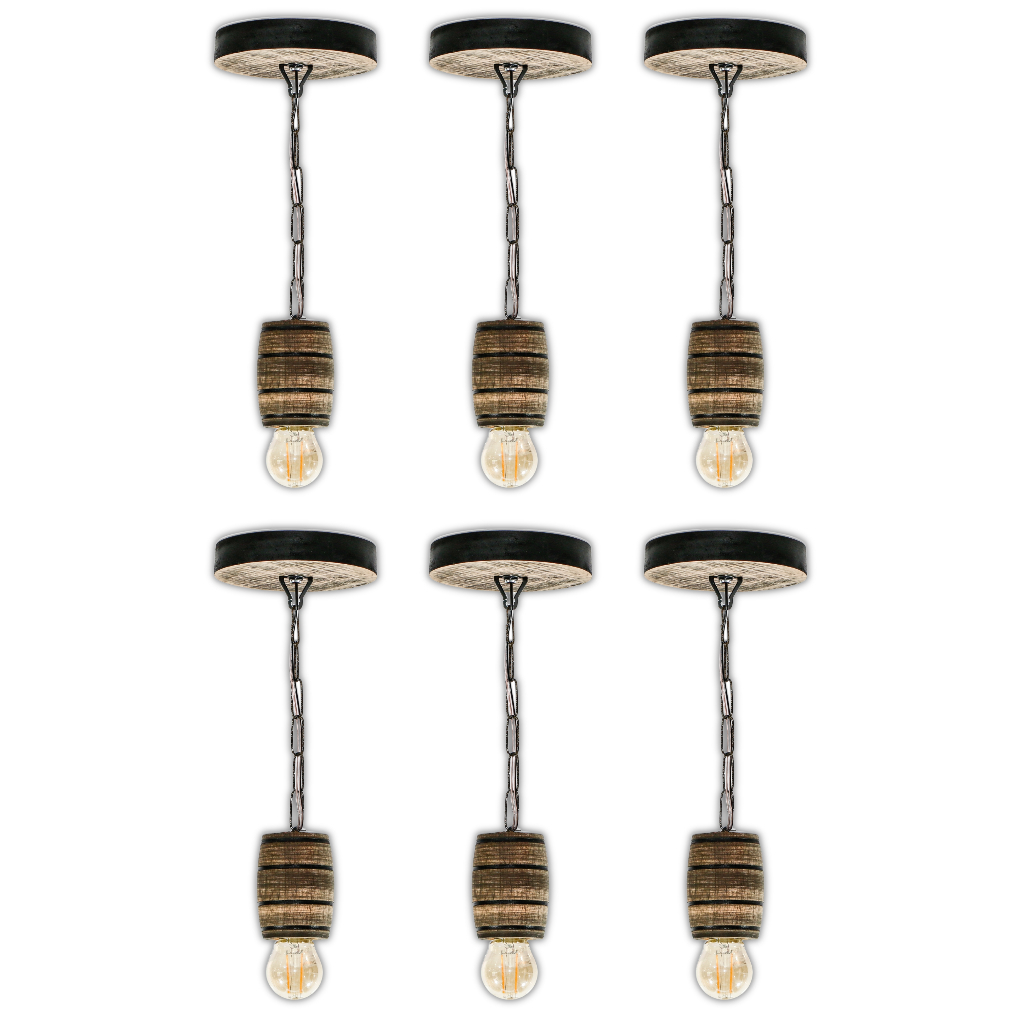 Kit 6 Luminária Pendente Lustre Rústico Vintage Colonial em Madeira Maciça Modelo Barril - Rústica