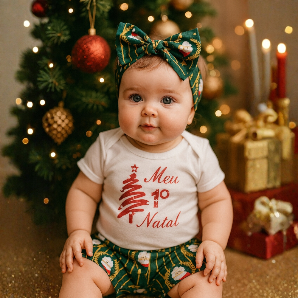 Conjunto de Bebê para o Natal Body Estampado, Shorts Calça ou Saia e Faixinha de Cabelo Fim de Ano