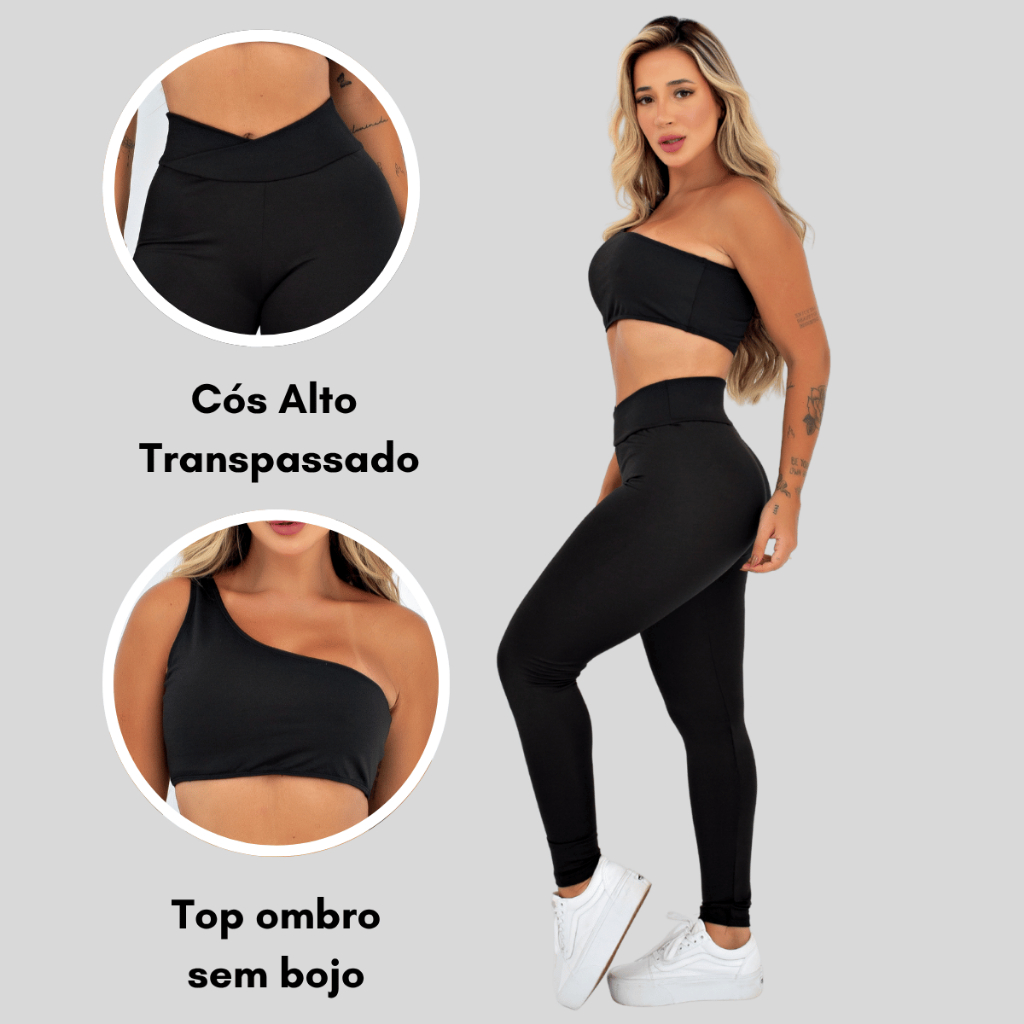 Conjunto Academia Feminino Top Um Ombro Só + Calça Legging Cintura Alta Cruzada Fitness Suplex MAYU
