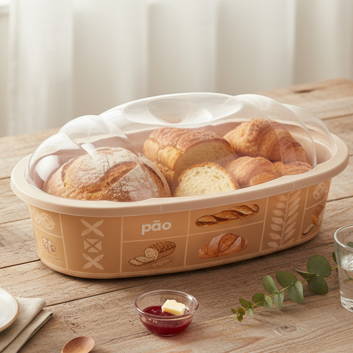 Cesto Porta Pão de Plástico Bege Com Tampa Frances e De Forma Plasútil Para Cozinha
