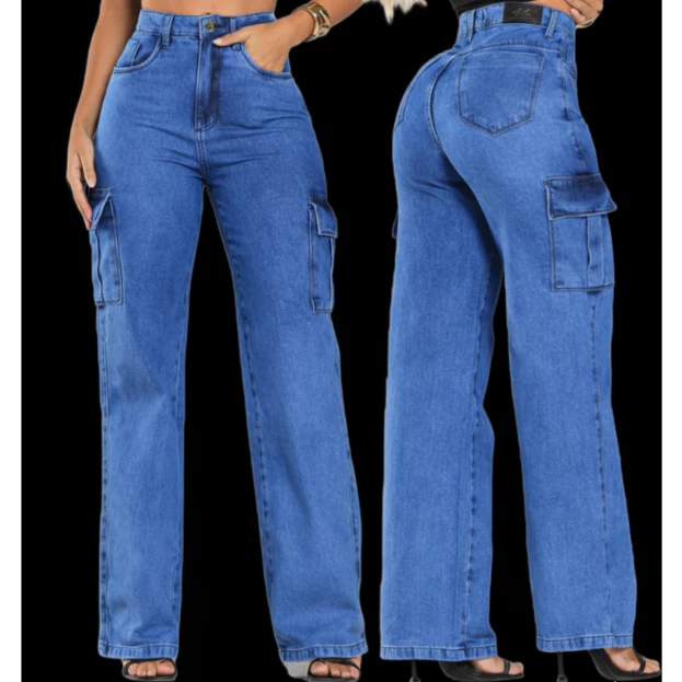 Calça Jeans Feminina Wide Leg Cargo Cintura Alta Sem Elastano Elegante Estiloza De Luxo