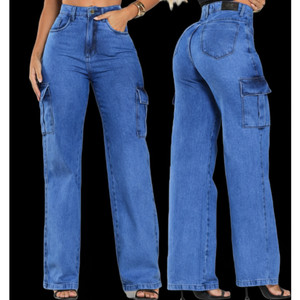 Calça Jeans Feminina Wide Leg Cargo Cintura Alta Sem Elastano Elegante Estiloza De Luxo