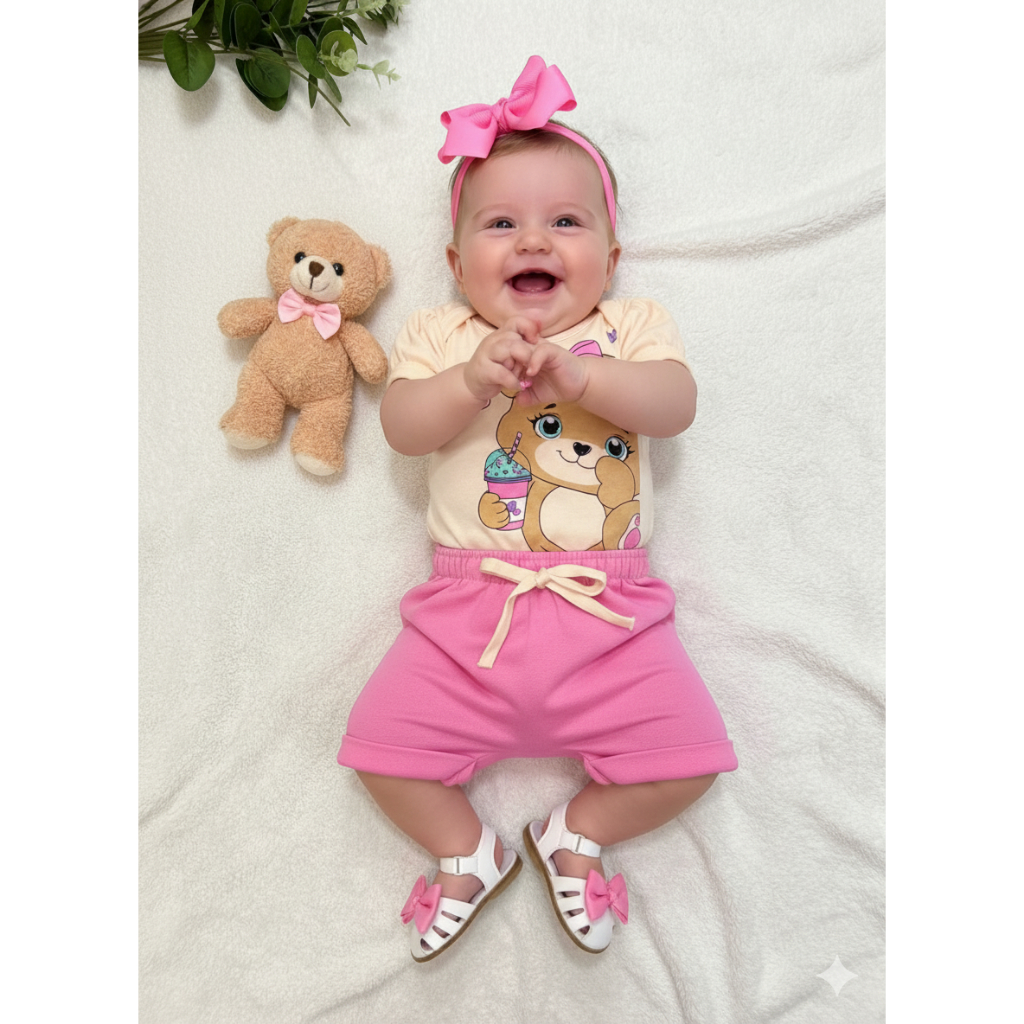 Conjunto Bebê Menina Body e Bermuda Moletinho Ursinha Com Laço