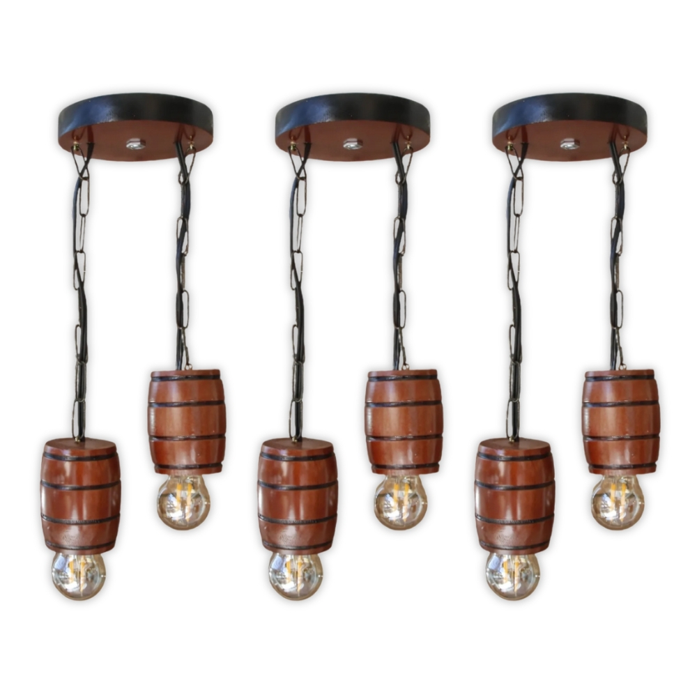 Kit 3 Luminária Pendente Lustre Rústico Vintage Colonial em Madeira Maciça Modelo Barril - Mogno