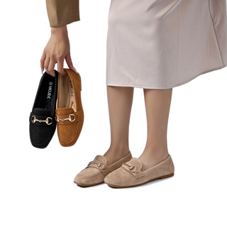 Mocassins casuais femininos sem fecho com fivelas de metal em Oferta na Shopee