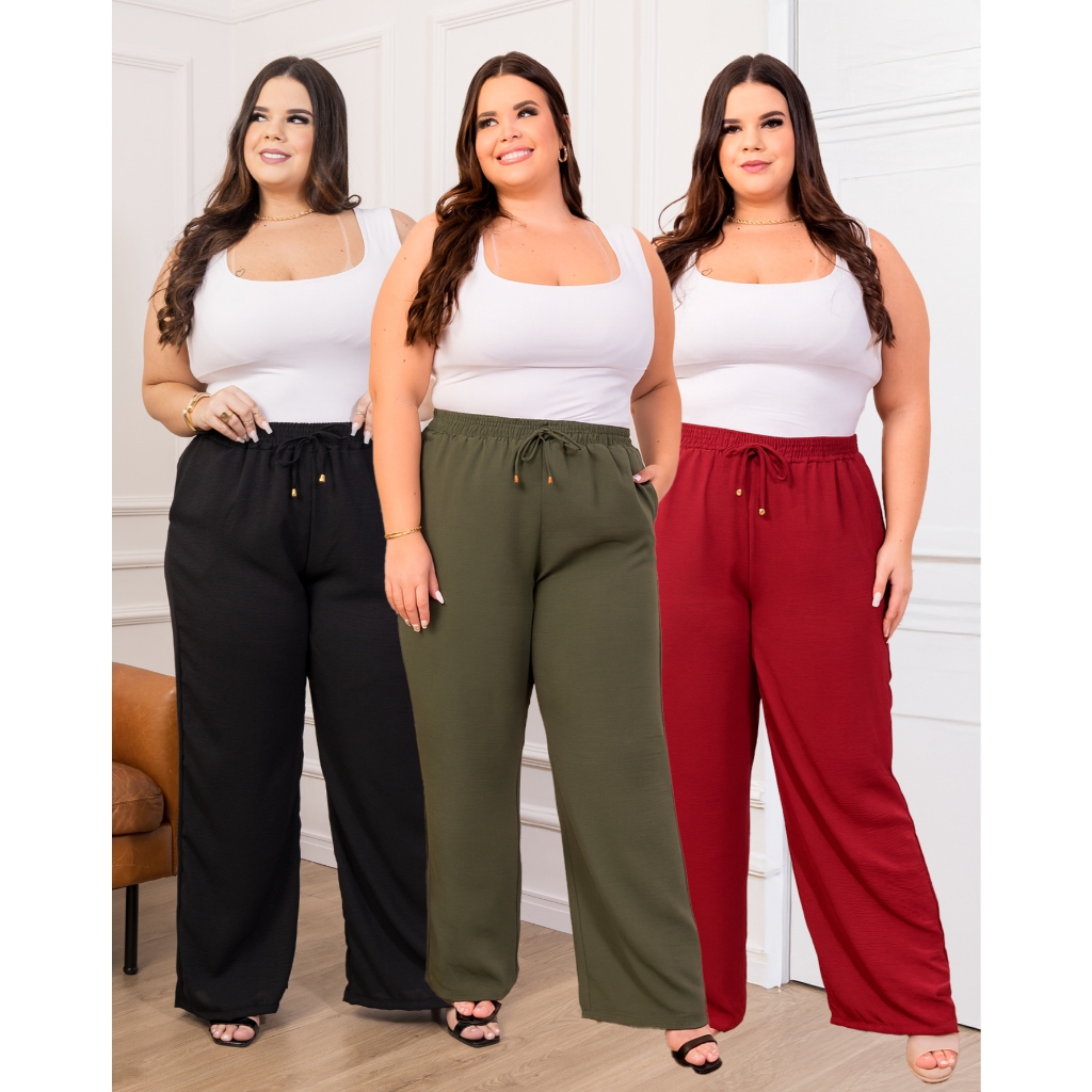 Kit 3 Calça Feminina Pantalona Plus Size Elegante Bolsos Confortável Casual Cintura Alta em Oferta na Shopee