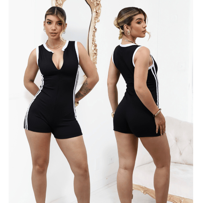 Macaquinho Feminino Fitness Com Listras No Lateral Com Ziper. em Oferta na Shopee