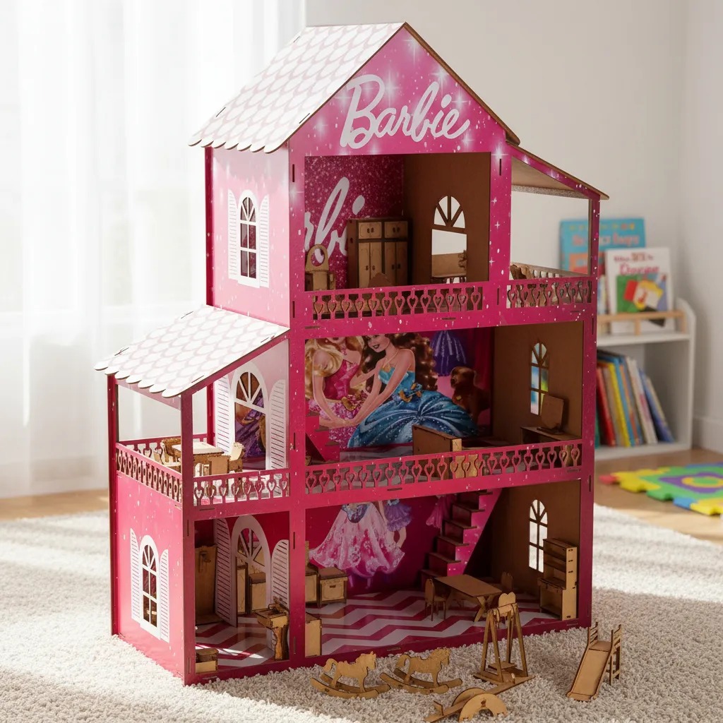 Casa De Boneca Barbie Completa Adesivada Mdf Mini Móveis Cru Rosa