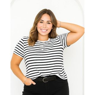 Camiseta T-Shirt Listrada Contemporânea Casual Blusa Feminina Dia A Dia em Oferta na Shopee