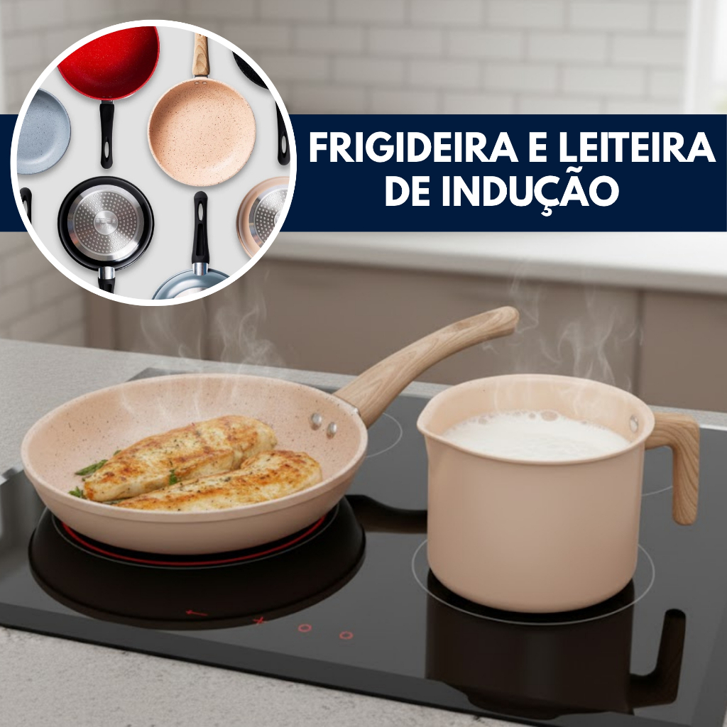 Frigideira 20cm E Leiteira Indução Revestimento Cerâmico Bege Lyor em Oferta na Shopee