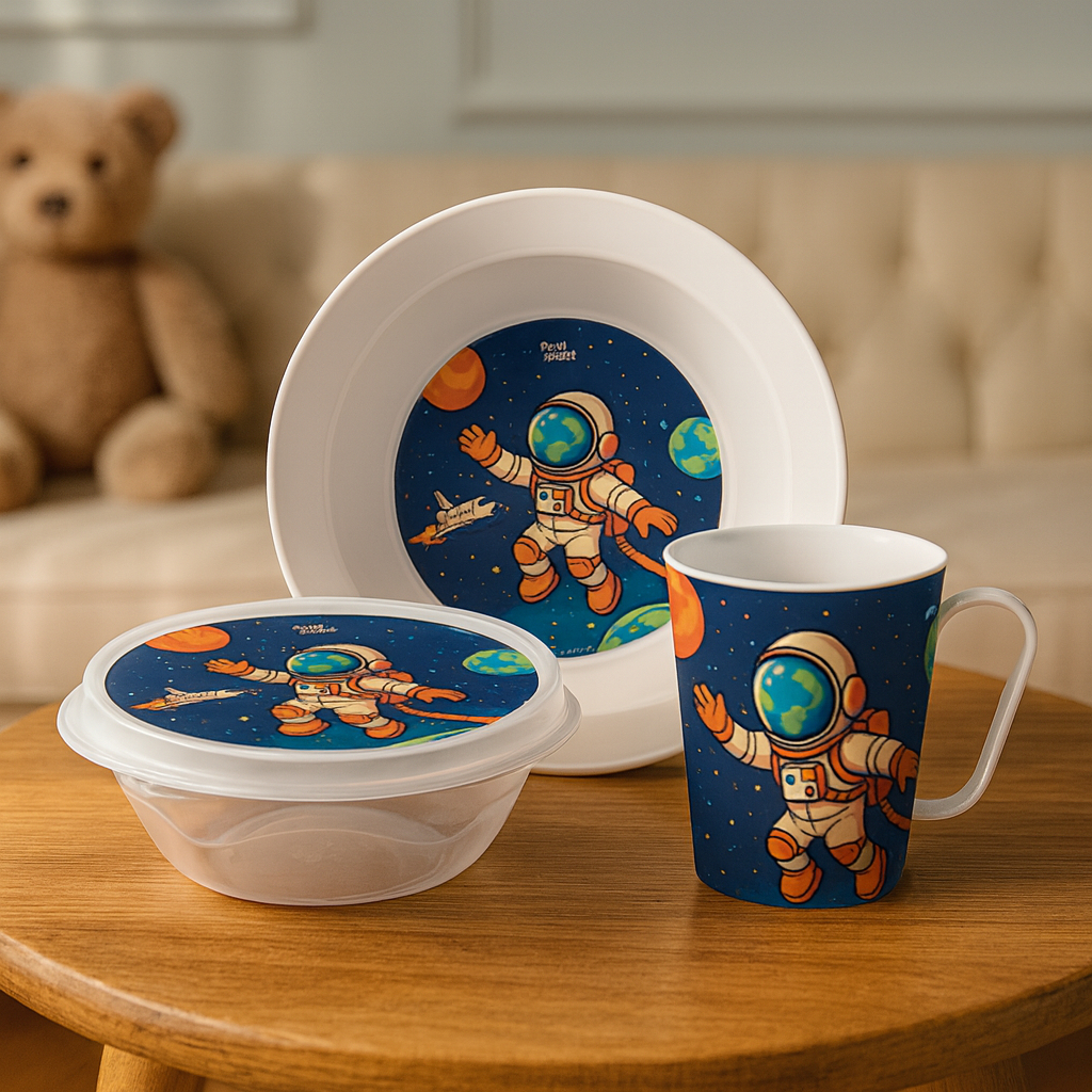 Kit Primeira Refeição Astronauta Prato Copo 350ml Colher Plástico Criança Infantil Creche Merenda