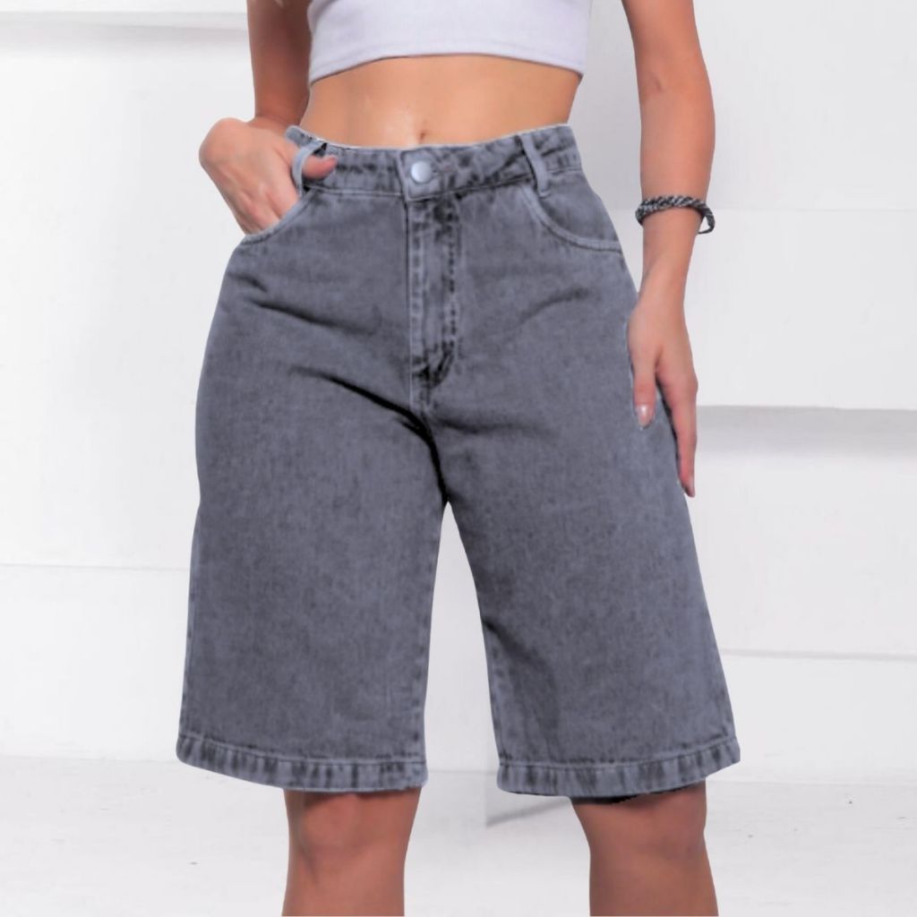 Bermuda feminina Jorts sem Lycra 100% Algodão Cintura Alta Meia coxa Ciclista Jeans Premium Gringa em Oferta na Shopee
