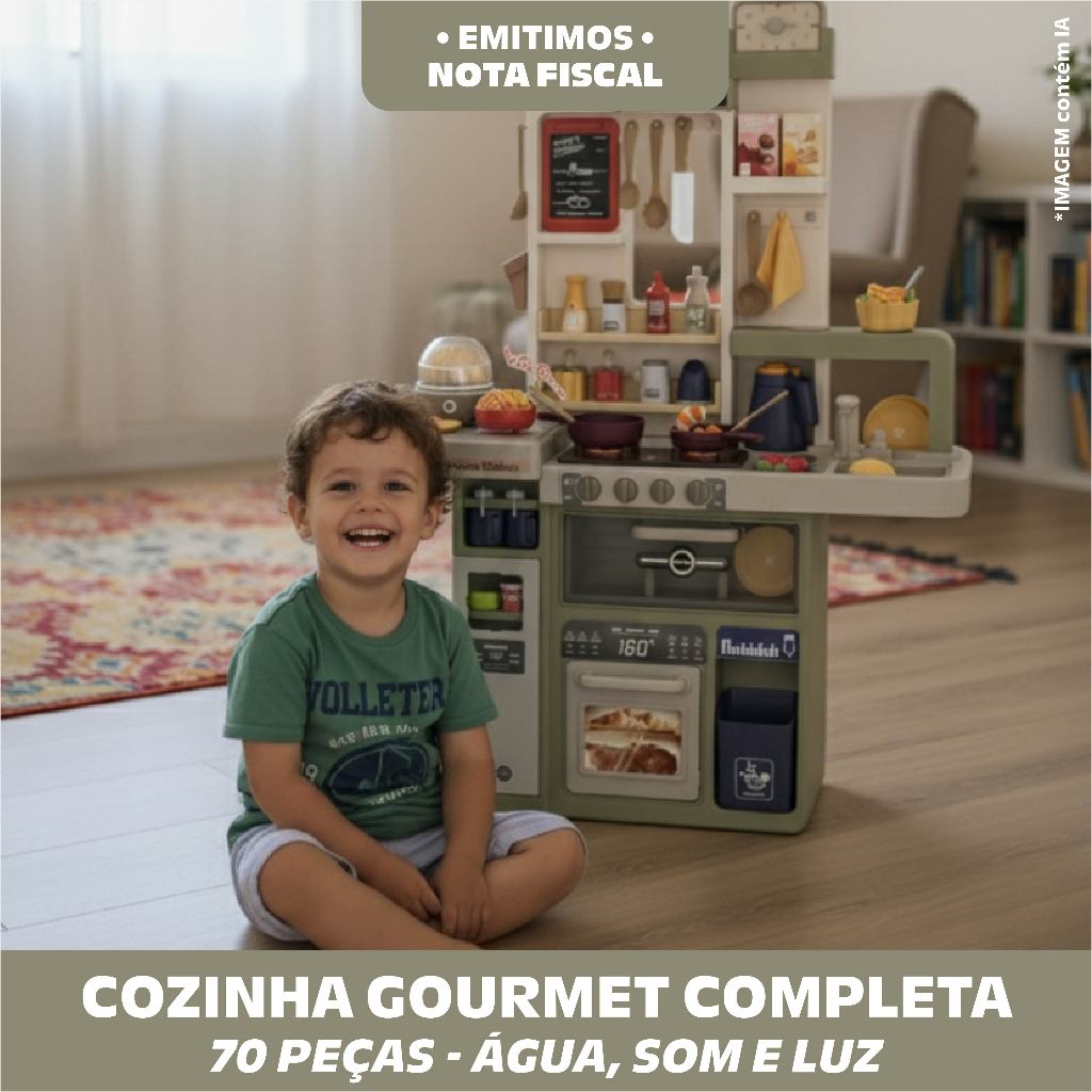Cozinha gourmet infantil completa brinquedo fogão luz som acessórios mercado prateleiras realista