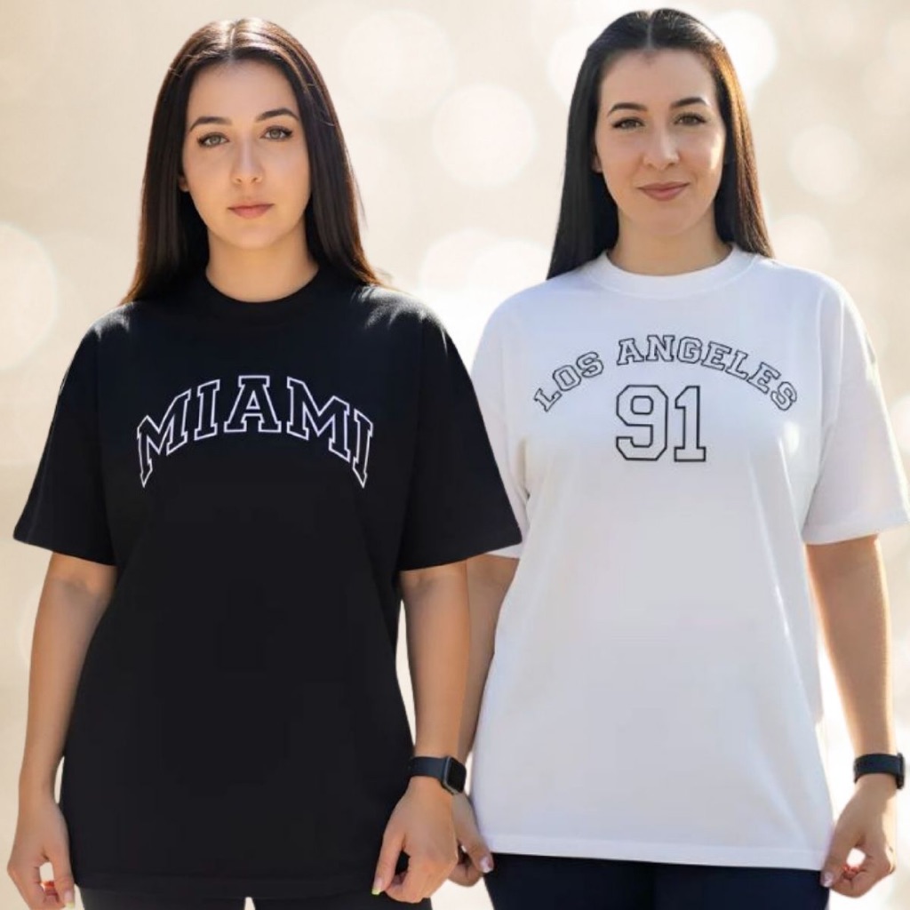 Kit 2 Camiseta Feminina Oversized Estampada Estilosa Algodão Academia Treino T-Shirt