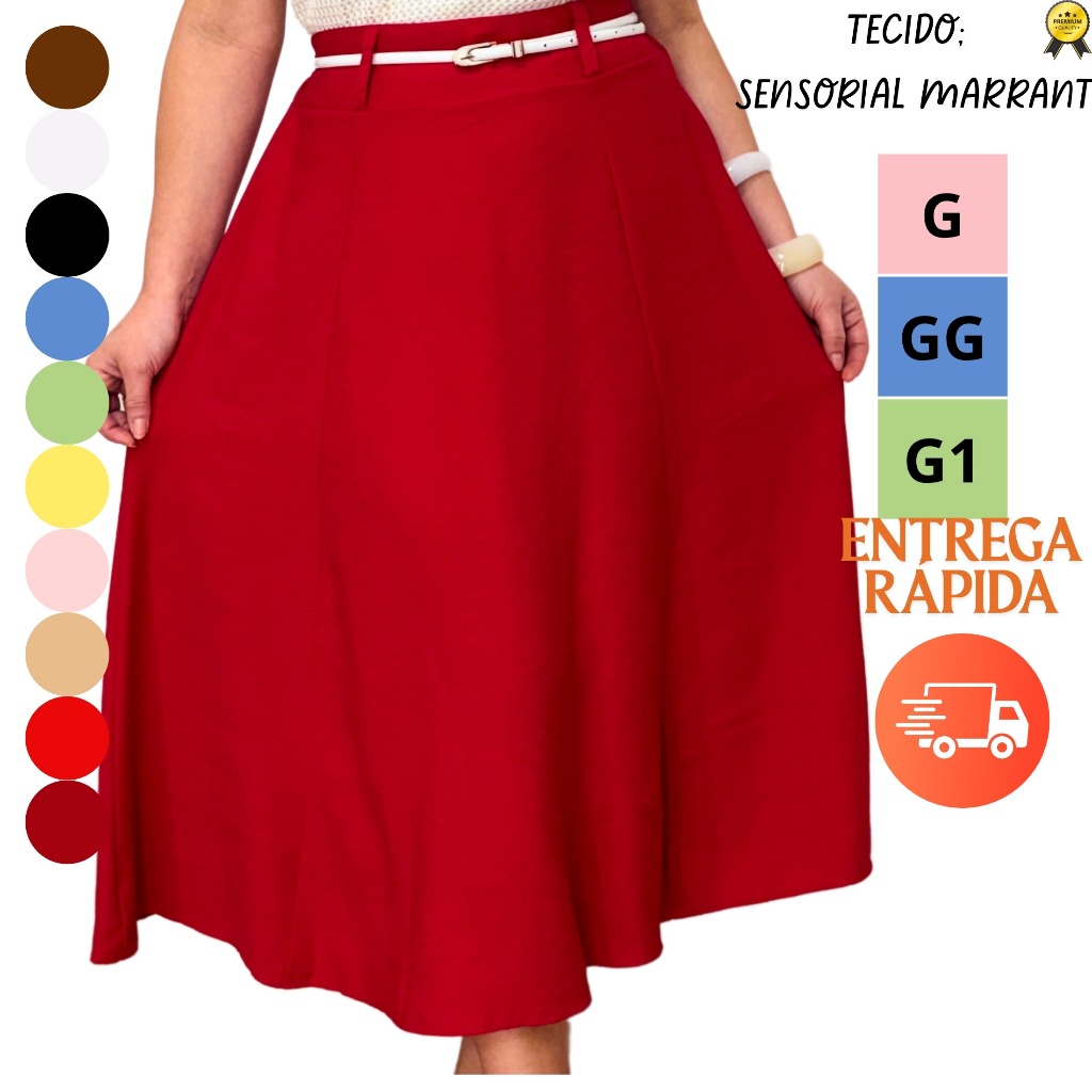Saia Midi Feminina Plus Size com Cós Confortável | Moda Casual | M G GG G1 G2 G3 em Oferta na Shopee
