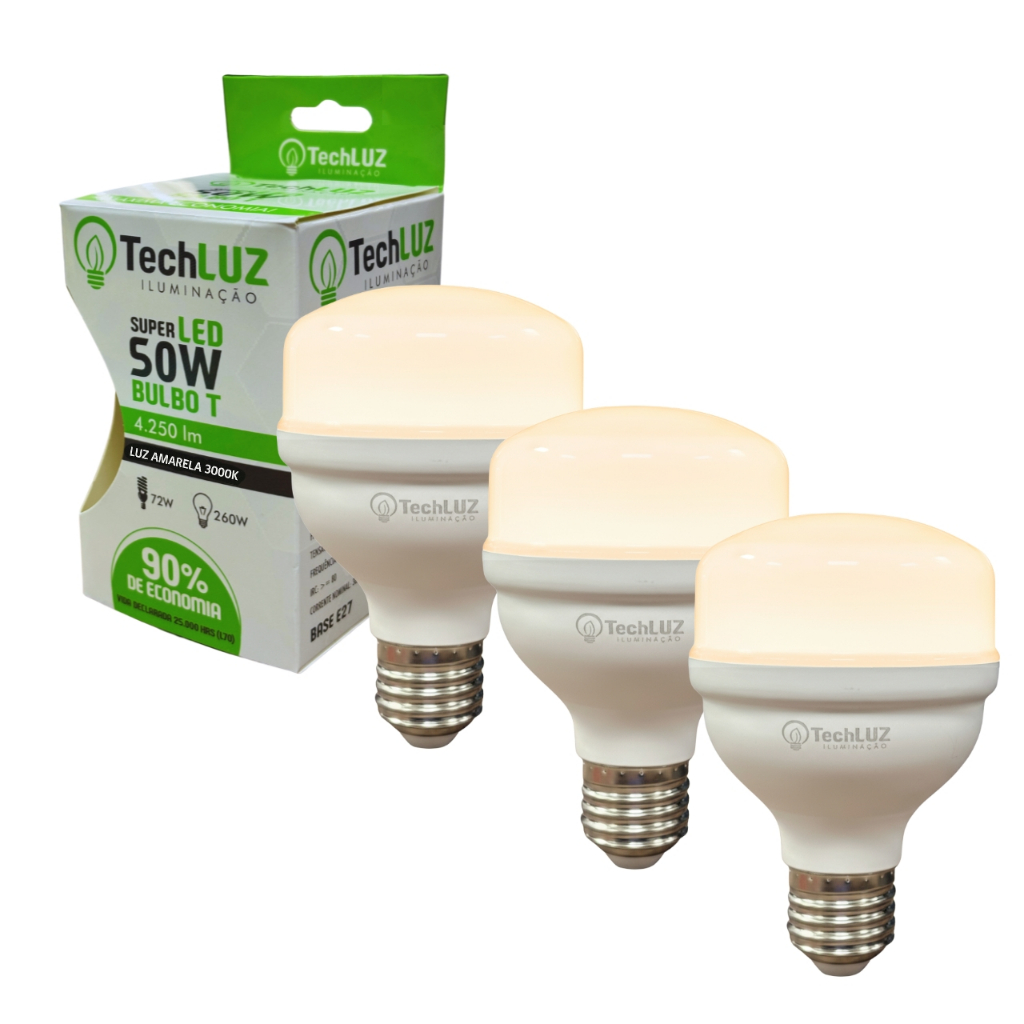 Kit 3 Lâmpadas Led 50W Bulbo 3000k Branco Quente (LUZ AMARELA) E27 Bivolt Inmetro Econômica em Oferta na Shopee