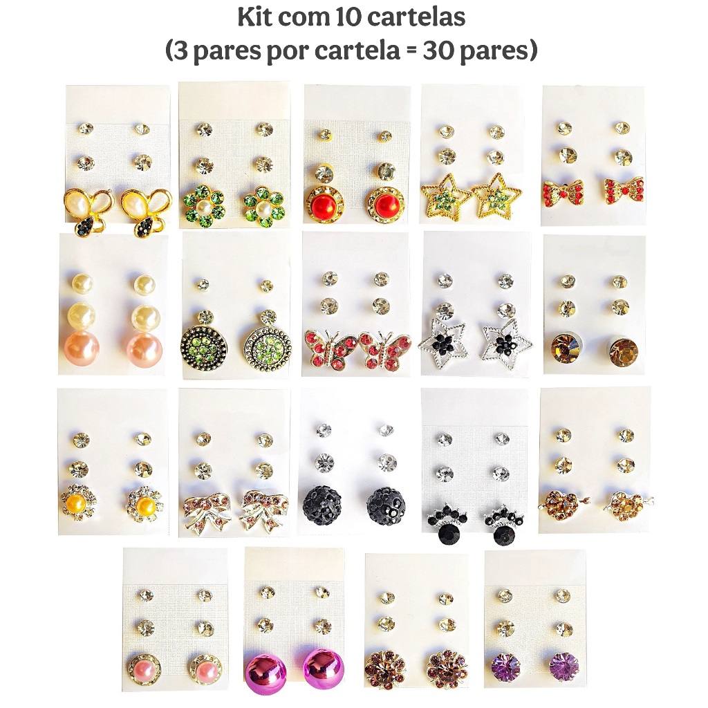 Kit 10 Cartelas Brincos de Bijuteria Strass Pedras Pérola Revenda Total de 30 Pares em Oferta na Shopee