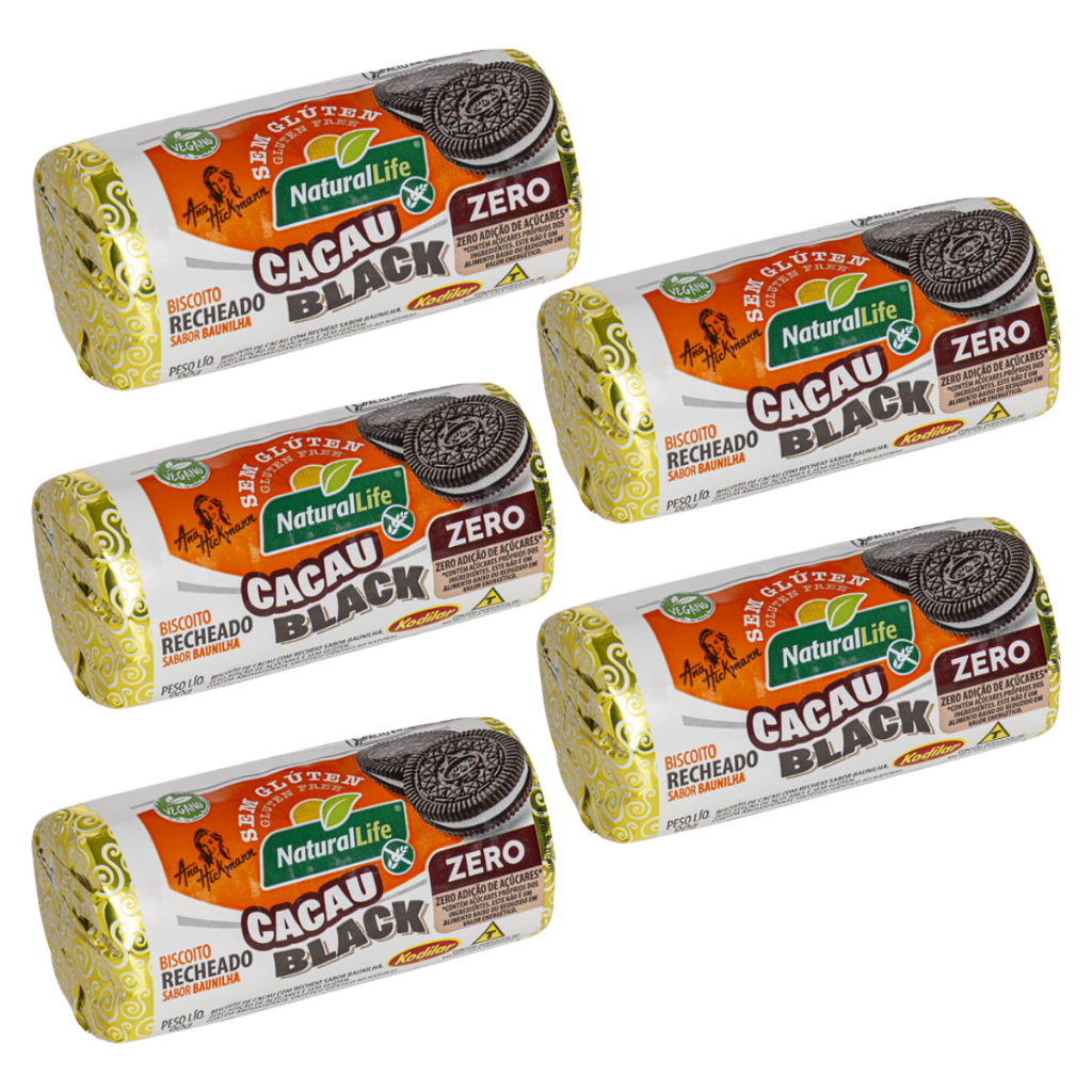 Biscoito Cacau Black Recheio de Baunilha Zero Açúcar Zero Glúten Vegano Kodilar 90g - Kit com 5 Unidades