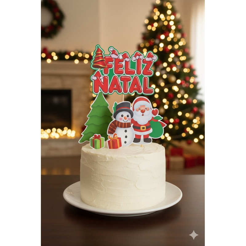 Topo de Bolo Feliz Natal 🎄 Papai Noel e Árvore de Natal | Lindo Topper Natalino | Envio Imediato
