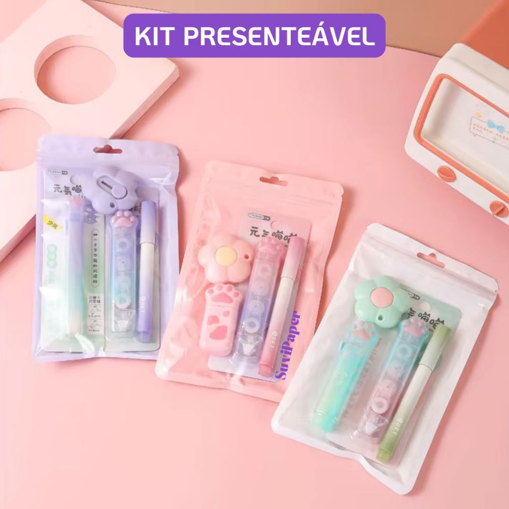 Kit Essencial Papelaria Fofa com 4 itens - Estilete, Marca Texto, Cola em fita + Corretivo em fita e Borracha em Oferta na Shopee