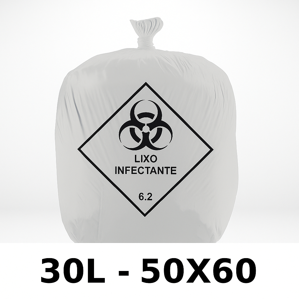 100un Saco de Lixo Hospitalar Branco 30 Litros Medida 50X60 Para Consultório Clínica Tatuador Salão