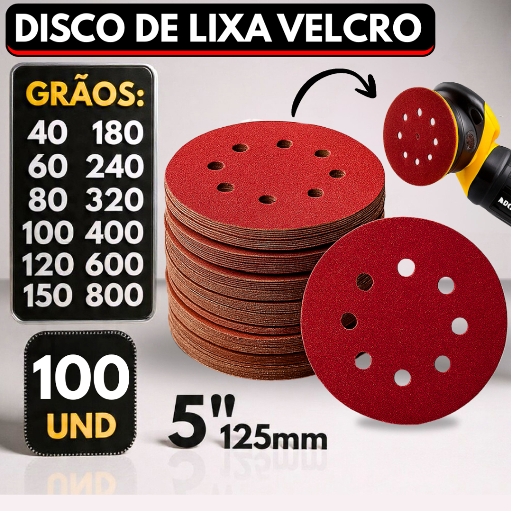 Kit 100 Disco de Lixa Velcro Circular 125mm 8 Furos Roto Orbital Lixadeira para Ferro Madeira Massa e Metal