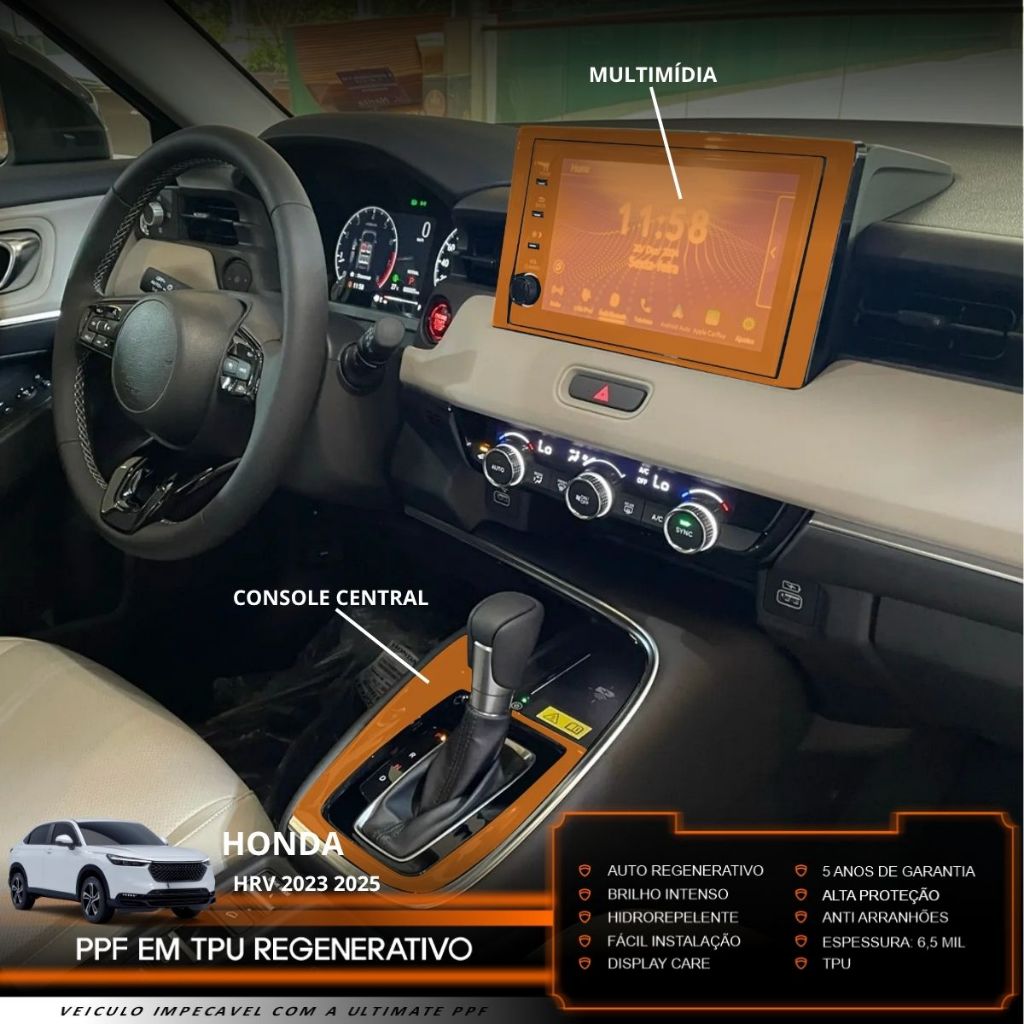 Película PPF Proteção Kit Console Central Multimídia Honda HR-V EX 2023 2024 2025 Transparente TPU Anti Risco