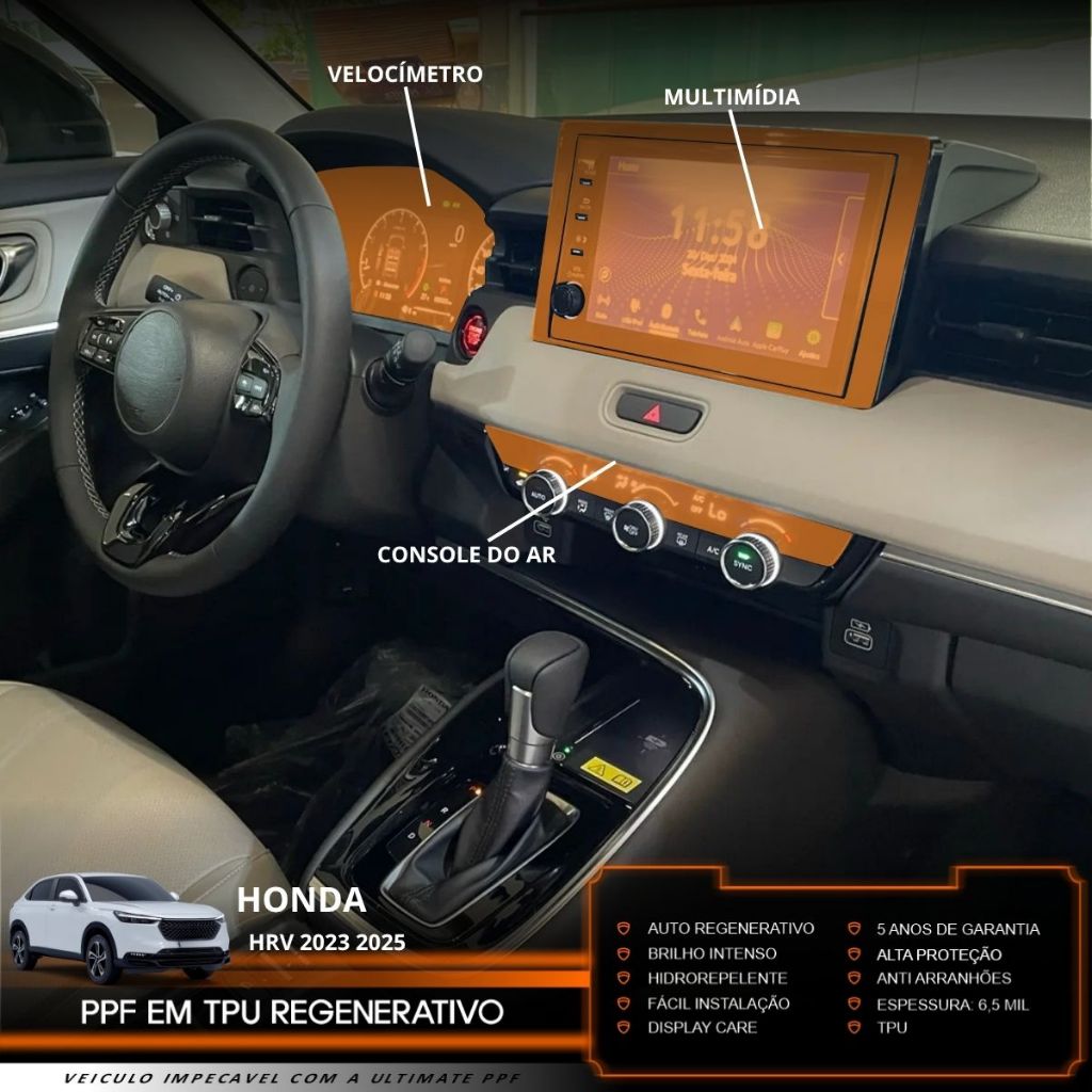 Película PPF Proteção Kit Console Ar Velocímetro Multimídia Honda HR-V EX 2023 2024 2025 Transparente TPU Anti Risco