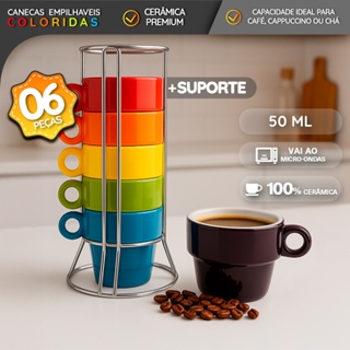 Kit 6 Xícaras 50ml Coloridas Empilháveis com Suporte Metálico Cerâmica Arco-Íris em Oferta na Shopee