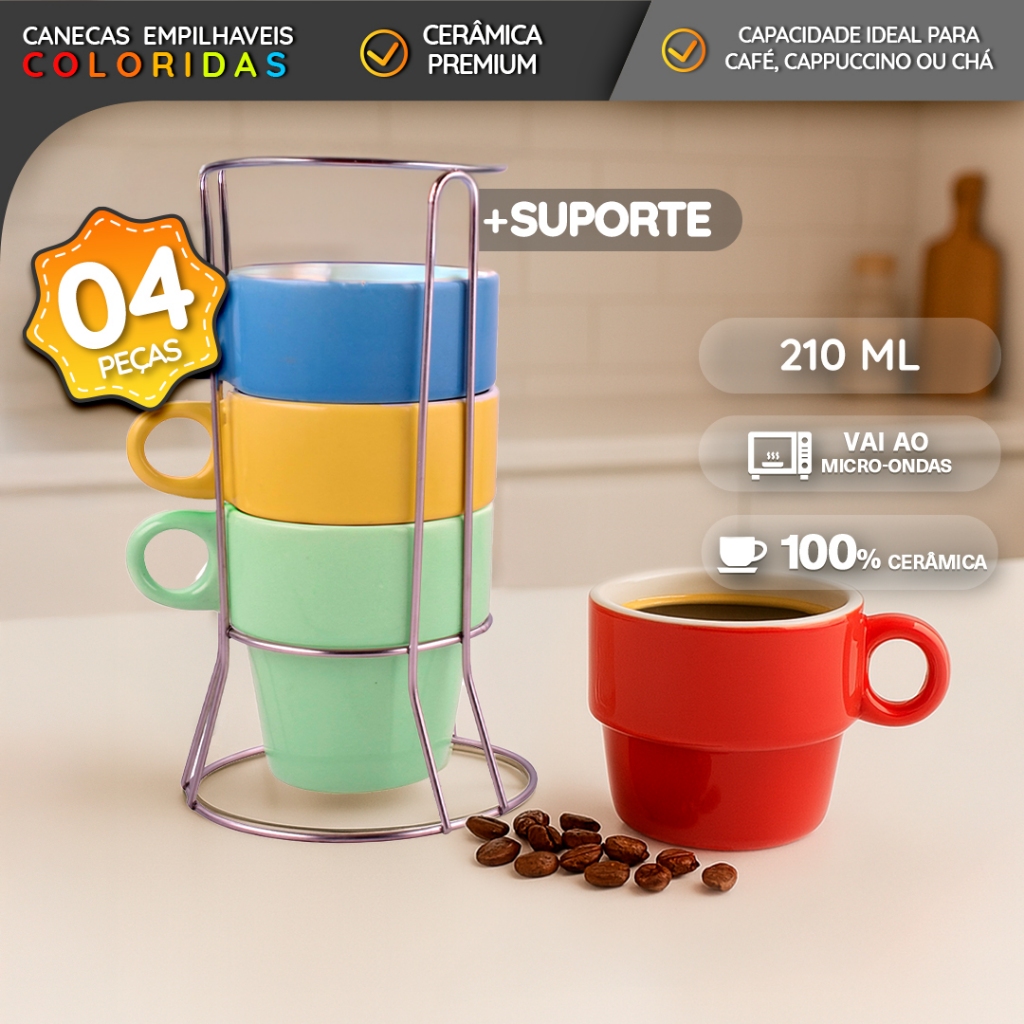 Kit 4 Xícaras 210ml Coloridas Empilháveis com Suporte Metálico Cerâmica Arco-Íris em Oferta na Shopee