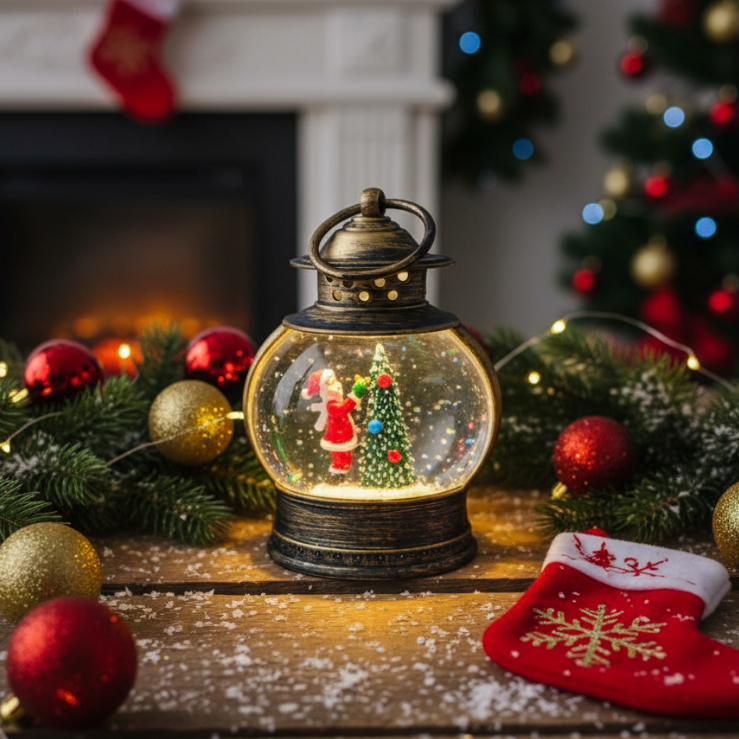 Globo de Neve com Led Lamparina Enfeite Natalino Retro Iluminado Presepio ou resina e Papai Noel