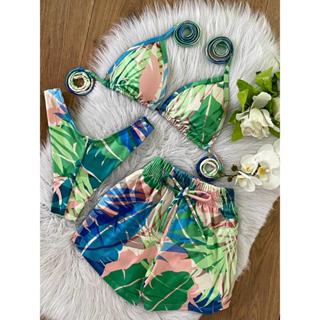 Conjunto Biquíni Cortininha + Shortinho | Look Feminino Praia Verão Folhagem Azul com Verde em Oferta na Shopee