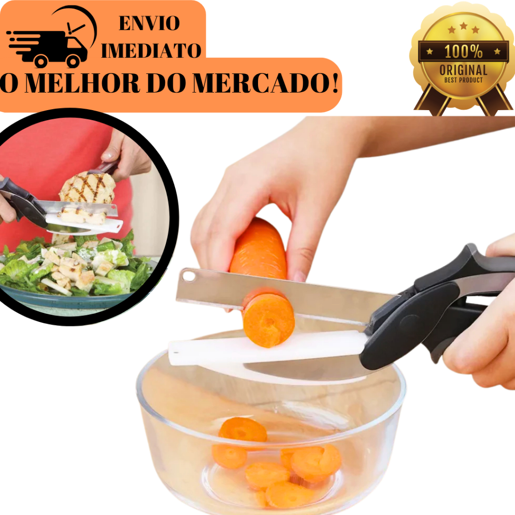Tesoura Fatiadora Legumes Verduras 2 em 1 Tesoura com Tabua Multiuso Inox