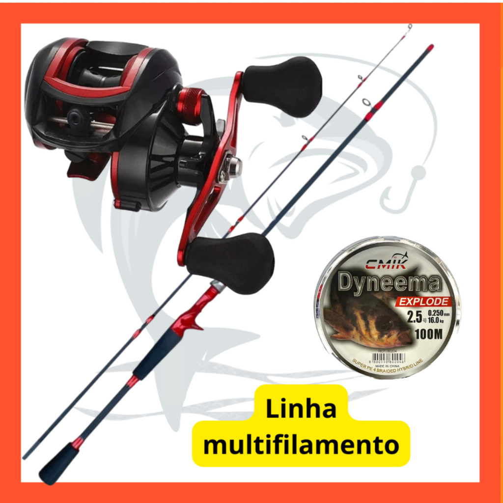 Kit Pesca Carretilha 19 Rols Anticabeleira com Vara Carbono 1,8m e Linha Pesca Esportiva