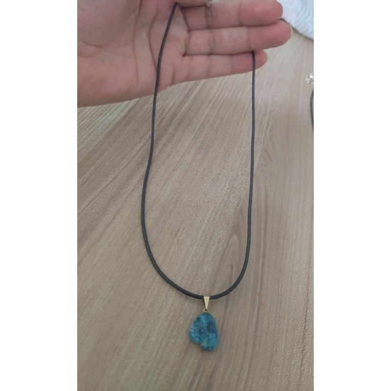 Pingente com cordão de Pedra Natural Legítima Apatita Azul, pedra rolada e bruta, acessórios femininos