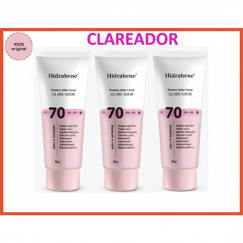 Hidrabene 3 Protetor Solar Facial Clareador FPS 70 Toque Seco Antissinais Clareia a pele 50g em Oferta na Shopee