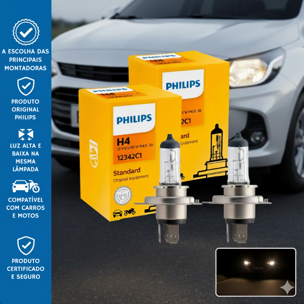 Par Lâmpada Standard Philips H4 Original Farol Alto Baixo 55W 12V Luz Amarela Potente Durável em Oferta na Shopee
