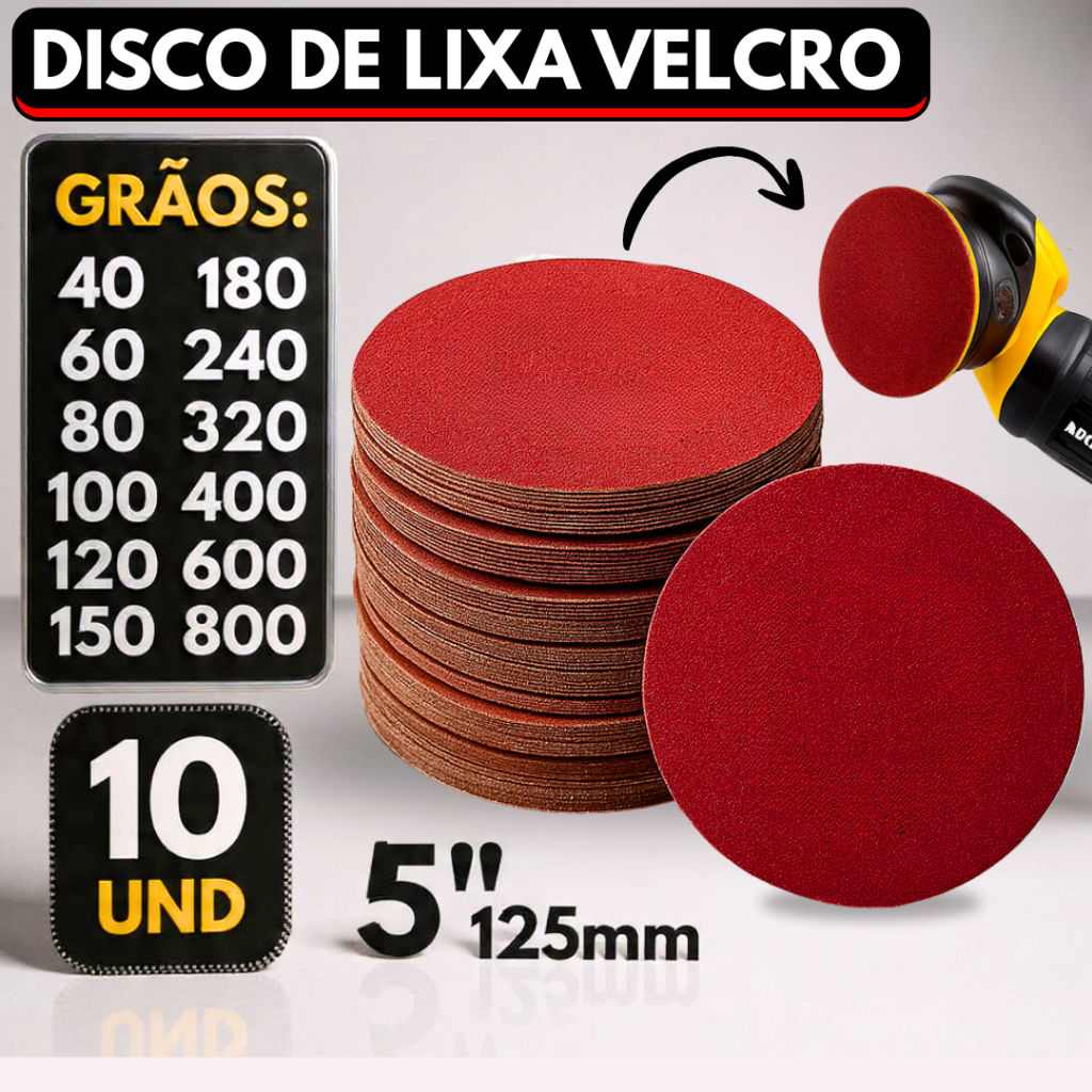 Kit 10 Disco Lixa Velcro Sem Furos Roto Orbital Lixadeira para Ferro, Metal, Massa e Madeira 125mm em Oferta na Shopee