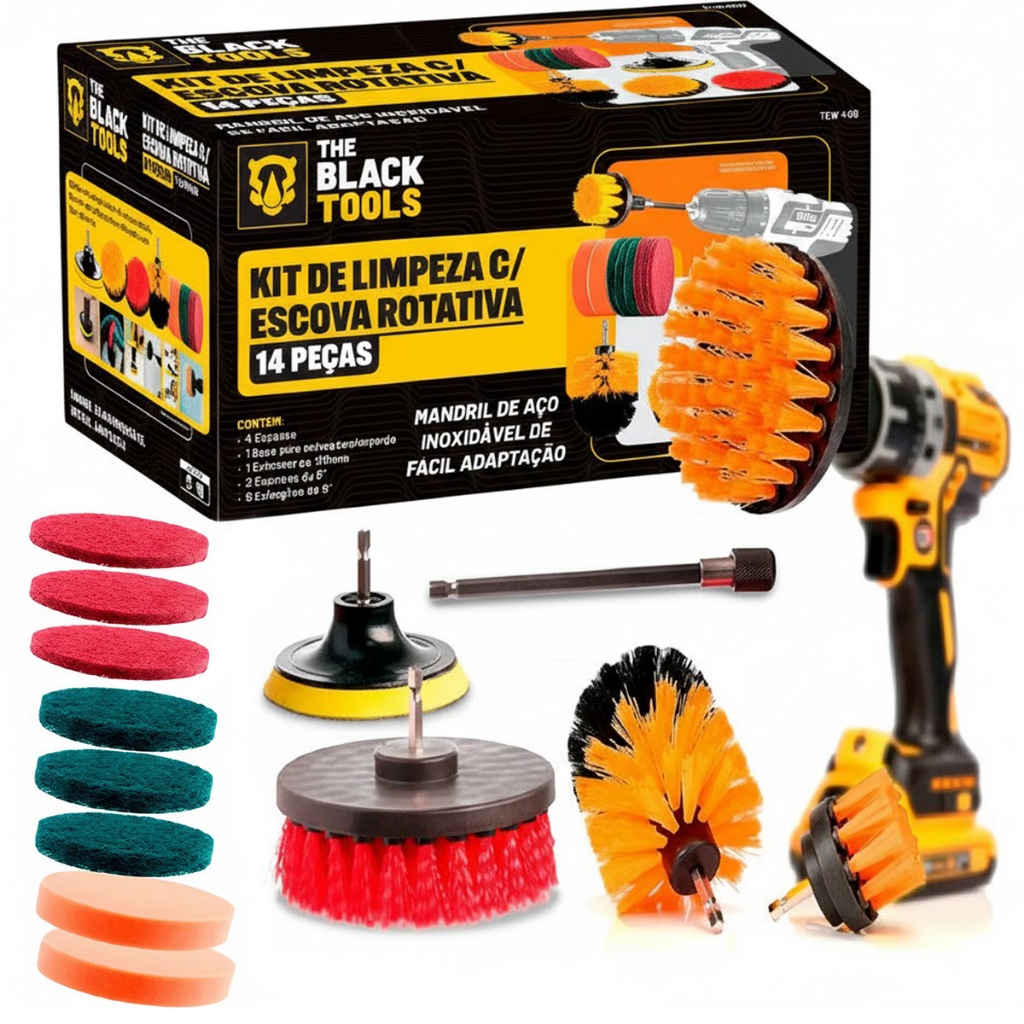 Kit 14 Escovas Rotativa Giratoria Limpeza Encaixa Furadeira Parafusadeira Tcw1400 The Black Tools em Oferta na Shopee