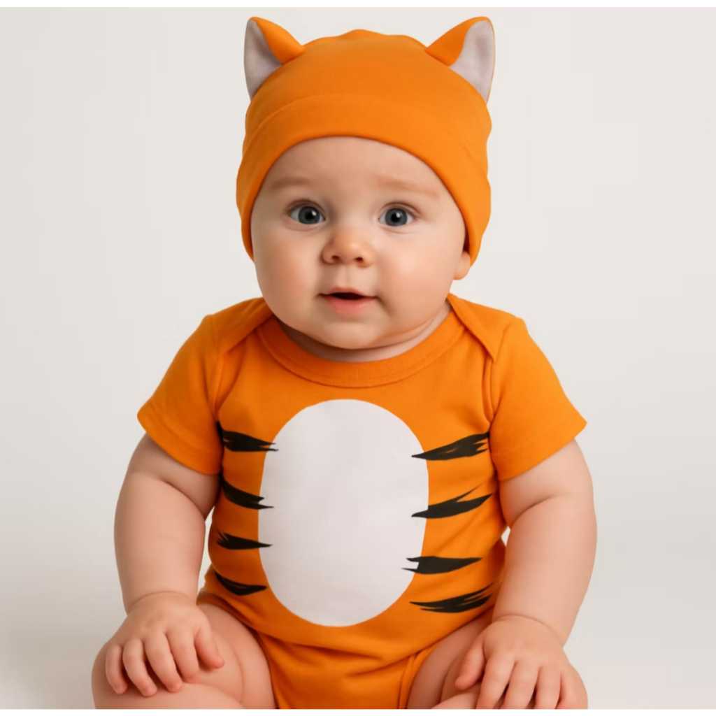 Body Bebê Ursinho Phoo Puff + Touca - Bori Mesversario Temático TIGRÃO