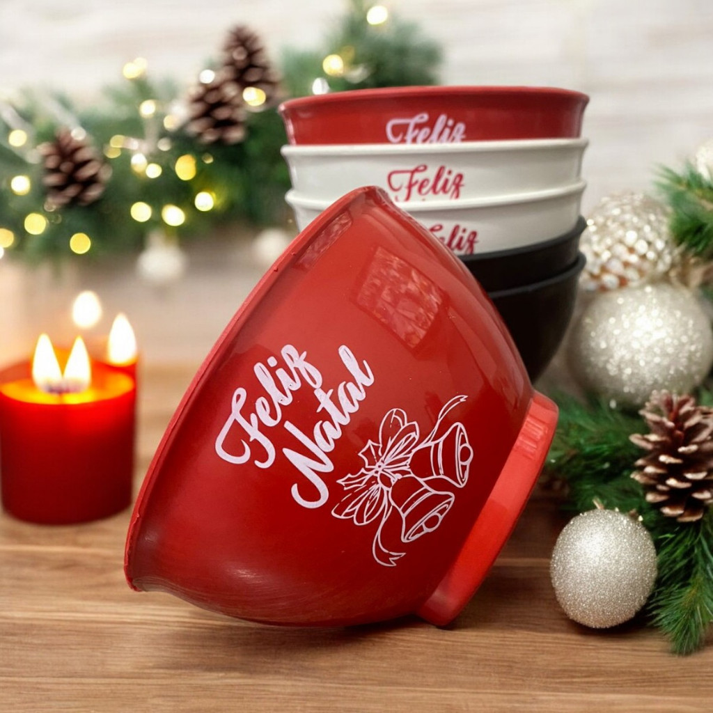 Kit 10 Cumbucas Sinos de Natal 800ml bowl pote tigela Papai Noel Feliz Natal Festa