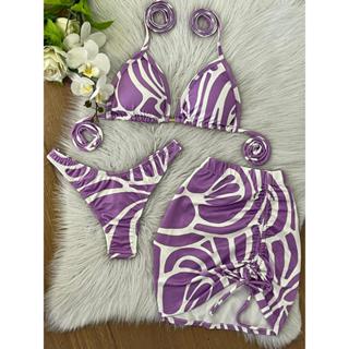 Conjunto Biquíni Cortininha + Saia | Look Feminino Praia Verão Colorido Roxo Lilás em Oferta na Shopee