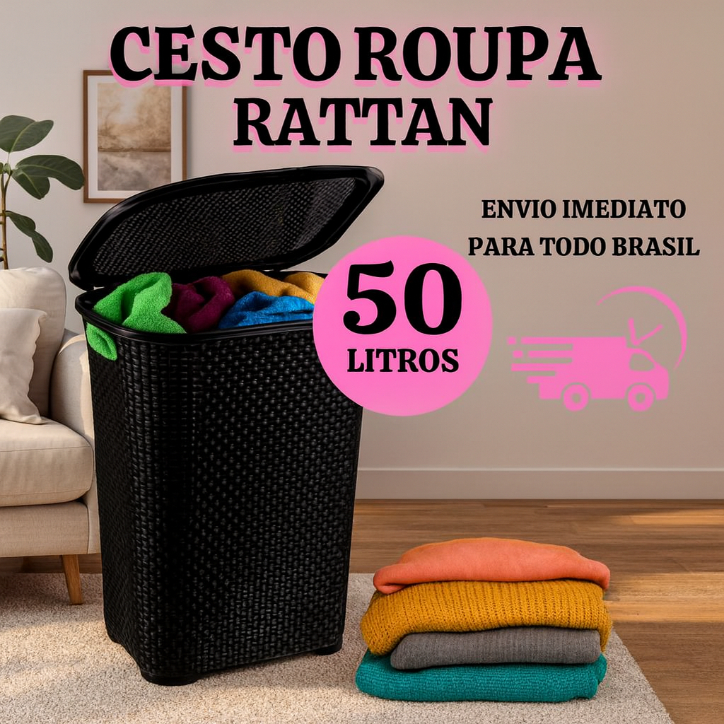 Cesto Multiuso Com Tampa de Roupa Rattan 50Lts Tampa Basculada  Organizador de Roupa Suja Lavanderia