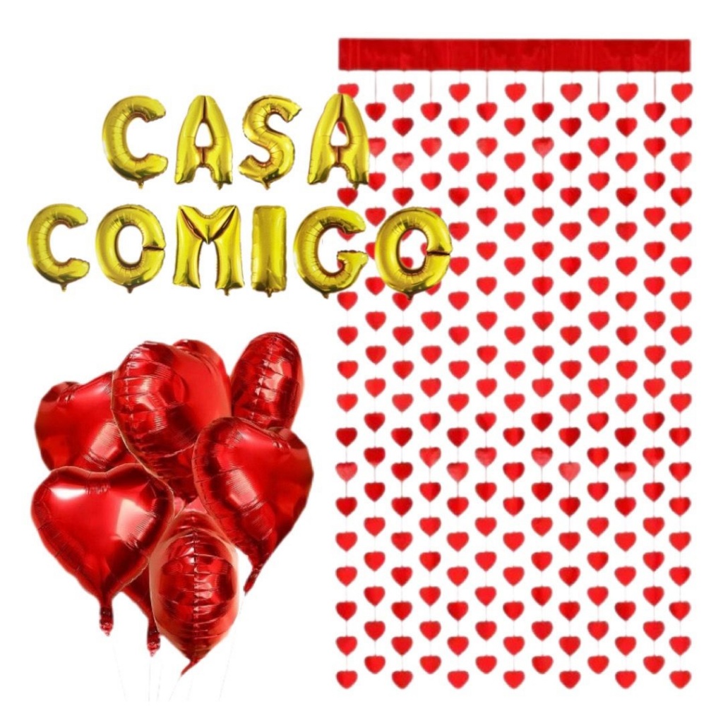 Kit Balão Metalizado Casa Comigo Dourado + 1 Cortina de Coração Vermelha + 4 coração G e 4 Coração P