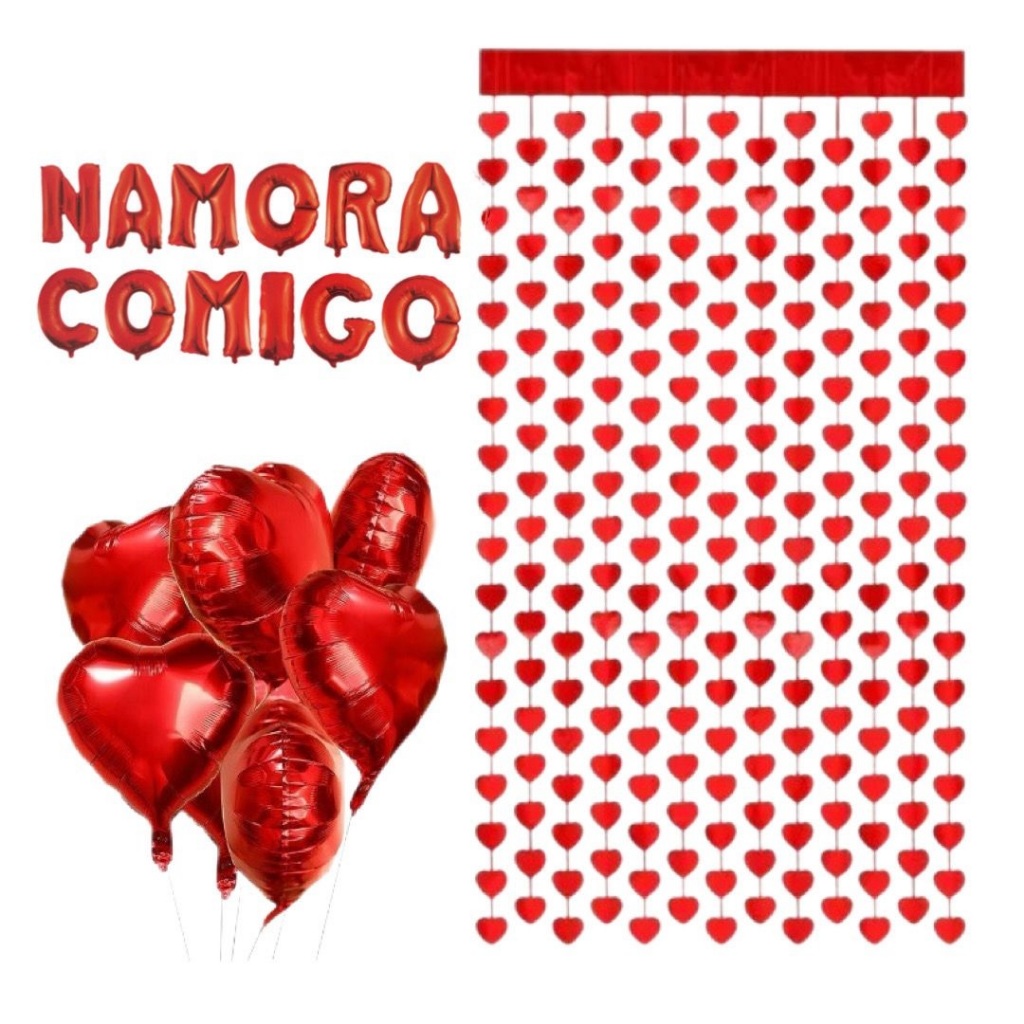 Kit Balão Metalizado Namora Comigo + 1 Cortina de Coração Vermelha + 4 coração G e 4 Coração P