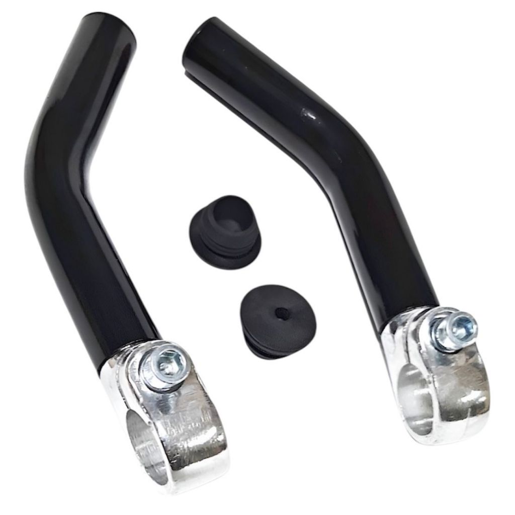 Par Bar End Apoio Chifrinho Guidao Mtb Alumínio Curvo 130mm Cor Preto Raio Saturno.
