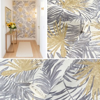 Papel de Parede Folhagem Cinza Dourado - Rolo 9,5m x 53cm - Cola Inclusa - Textura em Relevo em Oferta na Shopee