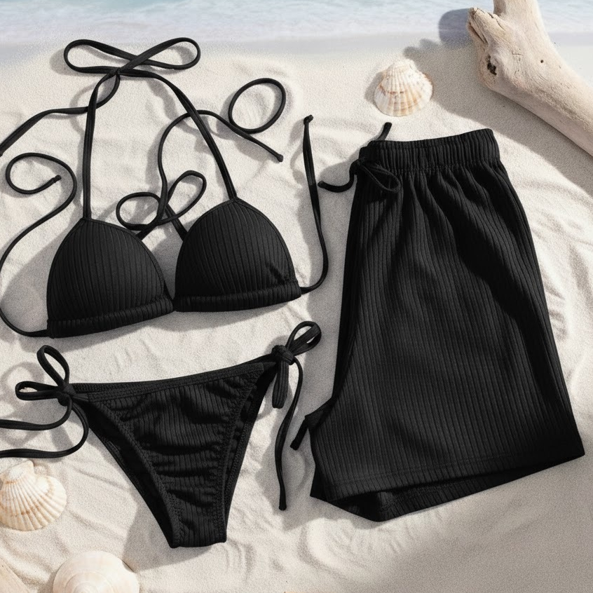 Kit 3 Peças Moda Praia Canelado: Biquíni Completo (Top/Calcinha) + Short Soltinho | Saída de Praia Tendência